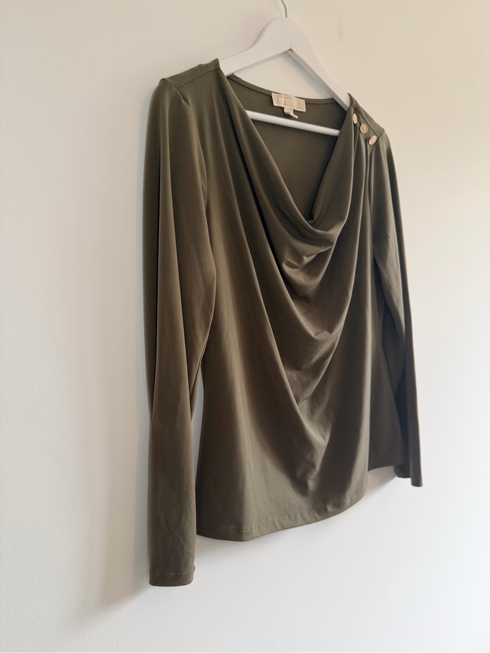 Michael Kors Draped Neck Long Sleeve Top in Olive Green - Picture 2 of 7